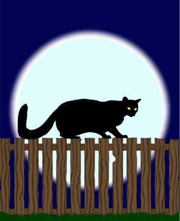 A large full moon with a cat sihouetted on a fence のイラスト素材