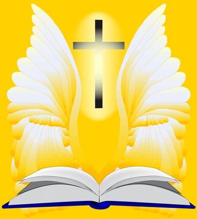 An open Bible surrounded in light and a guardian angel and crucifix  のイラスト素材