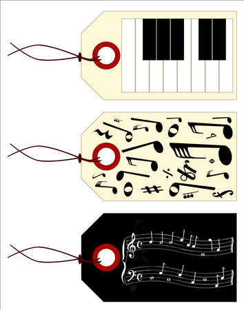 A collection of three music tags on a parchment and black coloured background のイラスト素材