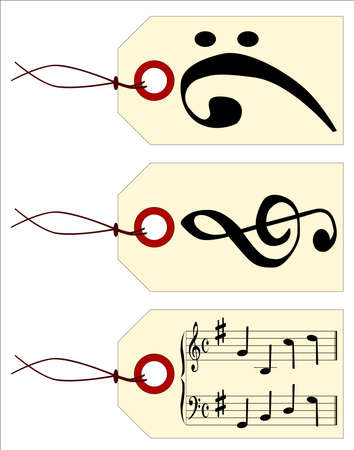 A collection of three music tags on a parchment coloured background のイラスト素材