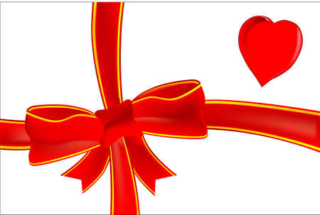 A satin bow set on a white card with a red heart motif, isolated on a white backgroundのイラスト素材
