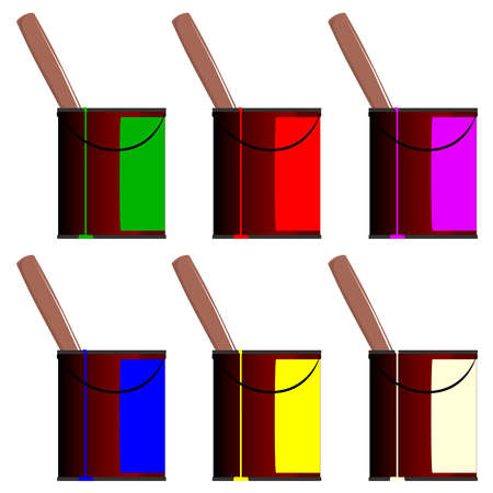 Large tins of paint with paintbrush handles sticking out from the top of the tins, several common paint colours.のイラスト素材