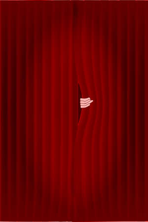 Dark red curtains with a spotlight being puuled slightly open by a hand のイラスト素材