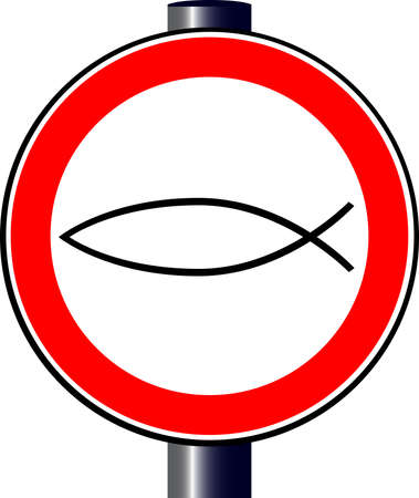 A large round red traffic sign displaying a  Christian Fish  logo のイラスト素材