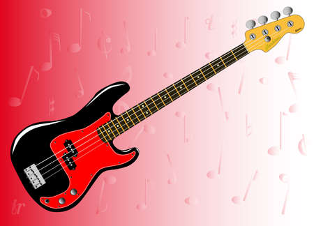 An electric bass guitar over a red fading background dotted with musical notation のイラスト素材