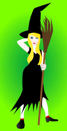A young blonde witch holding a broomstick のイラスト素材