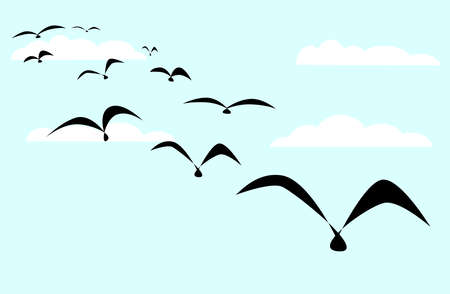 A flock of black birds set against a blue skyのイラスト素材