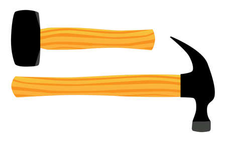 A lump and claw hammer both with wooden handles and both isolated on white のイラスト素材