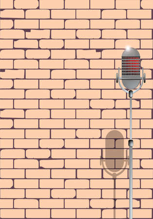 A microphone ready on stage against a brick wall ready for the Karaoke performer のイラスト素材