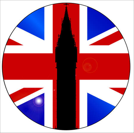 The London landmark Big Ben Clock tower in silhouette over a Union Flag on a button or badge のイラスト素材