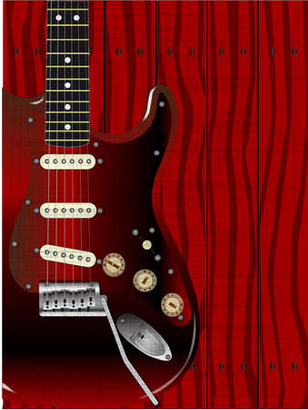 A fence made of wooden planks showing the wood grain and grunge effect as a background for an electric guitar のイラスト素材