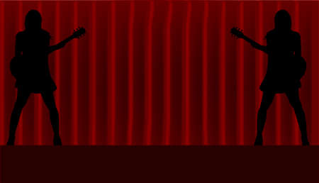 Dark red curtains the silhouette of two girl guitaristsのイラスト素材