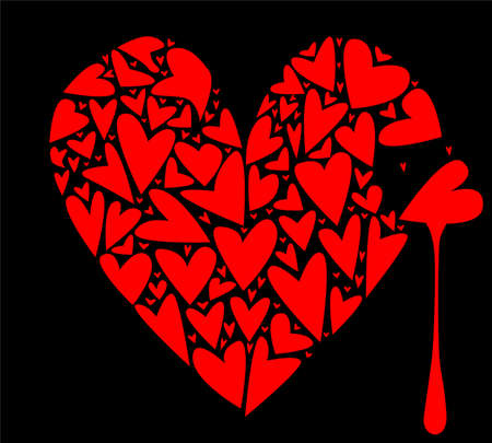 A large heart made up of several smaller hearts against a black background with a tear of blood のイラスト素材