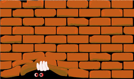 A figure in the shadow lifting abrick wall as if it was a curtainのイラスト素材