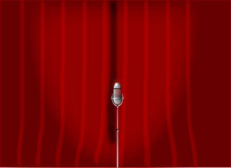 A microphone ready on stage against a red curtain のイラスト素材