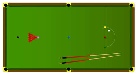 A typical full size snooker table with balls and snooker cues 