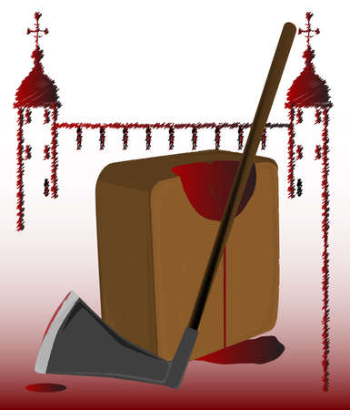 The executioners black and axe as used in Europe for several centuries set with an outline of The Tower of London のイラスト素材