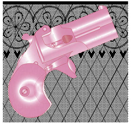A Derringer pistol in pink over a lace stocking background in a fishnet style with hearts and flowersのイラスト素材