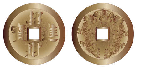 The two sides of a typical I Ching coin isolated over a white backgroundの写真素材
