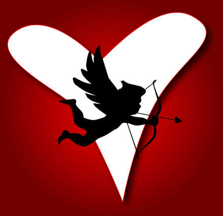 A silhouette of cupid aiming his arow over a large hears set on a blood red background