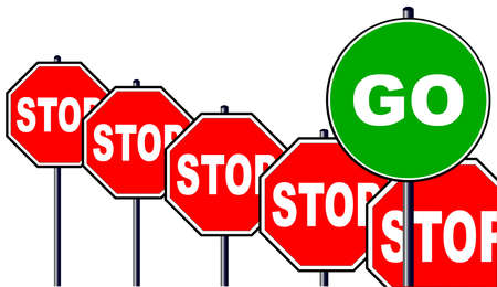 Severa; octagonal stop signs and one large green go sign isolated over a white backgroundのイラスト素材