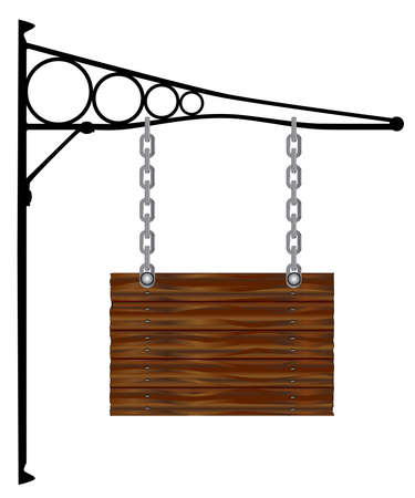 A wooden blank sign with metal bracket isolated on whiteのイラスト素材