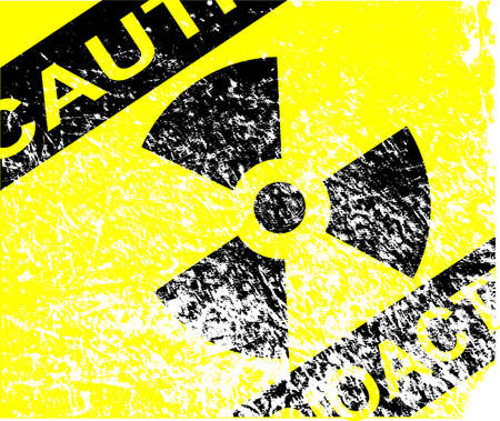 A Caution Radiation sign in yellow and black with heavy white grunge efectのイラスト素材