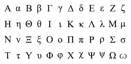 The Greek alphabet in large and small letters isolated on white