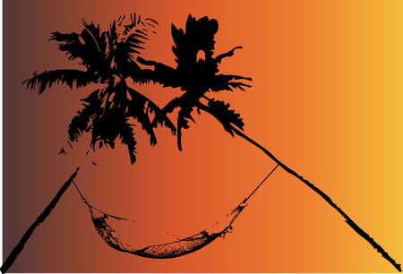 A hammock strung between two palm trees set against a burned backgroundのイラスト素材