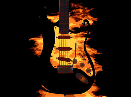 An electric guitar with a burning background set on blackのイラスト素材