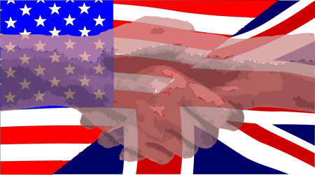 The British and American flags sectioned together with a faded hand shakeのイラスト素材