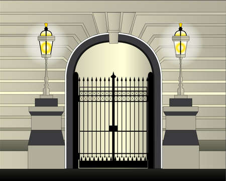 An iron gate set on a large concrete wallのイラスト素材