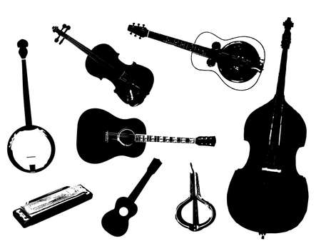 A collection of typical bluegrass musical instruments in silhouette over a white backgroundのイラスト素材