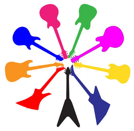 A collection of brightly coloured guitar silhouettes in a circle isolated on a white backgroundのイラスト素材