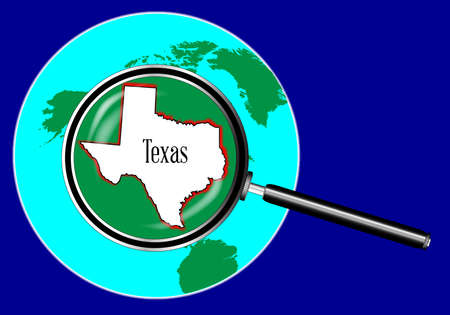 A magnifying glass over a globe and enlarging texas