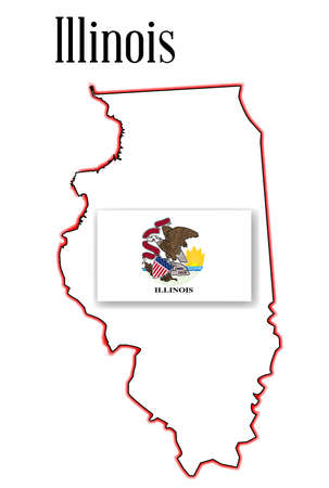 Outline map of the USA state of Illinois over a white background with flag insetのイラスト素材