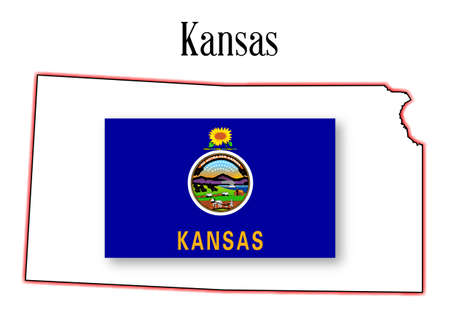 Outline map of the state of Kansas over white with flag insetのイラスト素材