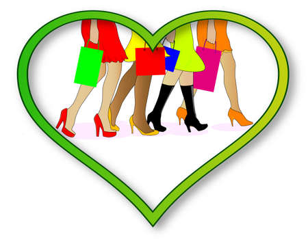 A collection of girls legs with shopping bags set into a heart over a white backgroundのイラスト素材