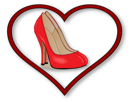 A pair of red Stiletto heel shoes set into a red heart over a white backgroundのイラスト素材