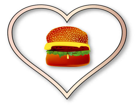 A large beefburger with cheese inset into an isolated pink heart.のイラスト素材