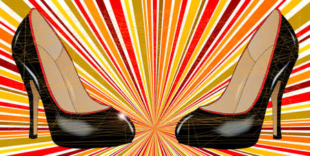 A pair of black stiletto heel shoes over a retro backgroundのイラスト素材