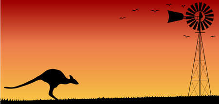 A small water pump windmill and a kangaroo silhouetted by sunset.のイラスト素材