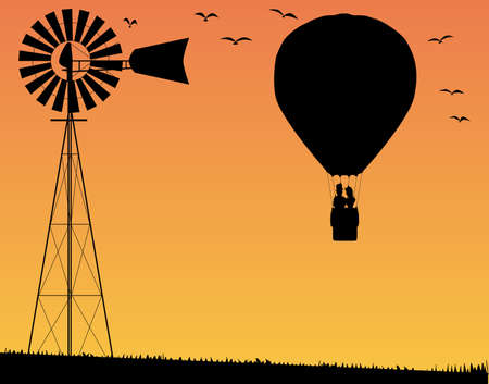 A silhouette of a hot air balloon floating away with a couple in the basket over a farm background with birds and windmillのイラスト素材