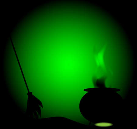A witches cauldron boiling against a green glow backgroundのイラスト素材