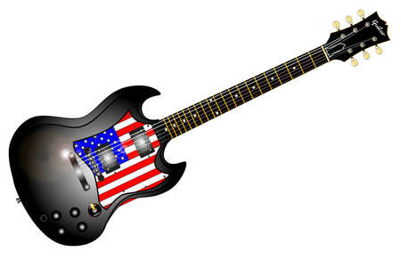 A solid body horned electric guitar with the stars and Stripes flag inset all set in a white background.のイラスト素材