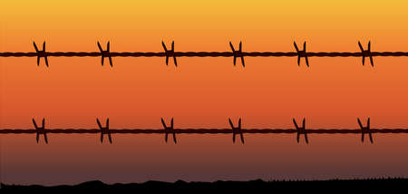 A barbed wire fence with a barren desert sunsetのイラスト素材