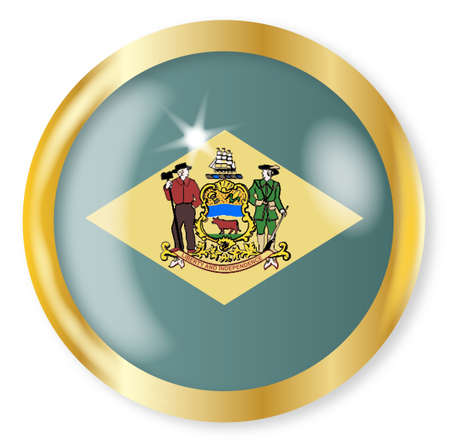 Delaware state flag button with a gold metal circular border over a white backgroundのイラスト素材