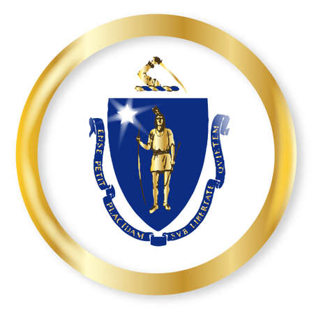 Massachusetts state flag button with a gold metal circular border over a white backgroundのイラスト素材