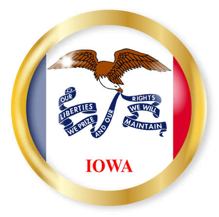 Iowa state flag button with a gold metal circular border over a white backgroundのイラスト素材