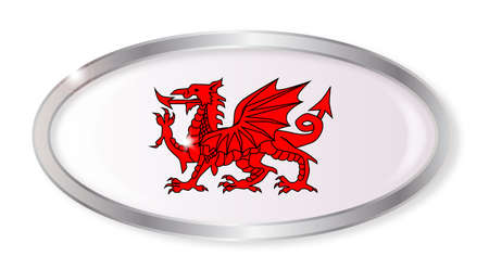 Oval silver button with the Welsh dragon isolated on a white backgroundのイラスト素材
